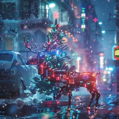 Christmas tree with reindeer toy on the street at night.の素材