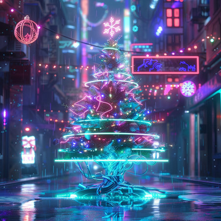 christmas tree in the city at night, 3d illustration.の素材
