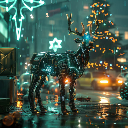 3d rendering of a reindeer in the city at nightの素材