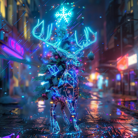 Christmas tree with reindeer in the city. 3d renderingの素材