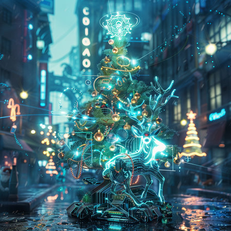 Christmas tree in the city at night. 3d rendering toned imageの素材