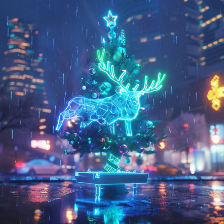 Christmas tree with deers and lights in the city. 3d renderingの素材