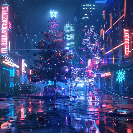 Christmas tree with deers on the background of night city. 3d renderingの素材