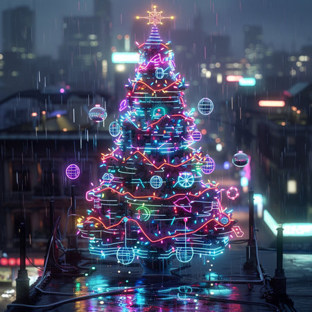 Christmas tree with glowing lights on the background of the city at nightの素材