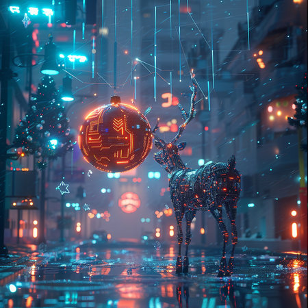 Christmas tree and reindeer in the city. 3D renderingの素材