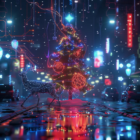 Fantastic Christmas tree with deer and lights. 3d renderingの素材