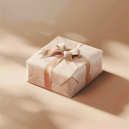 Gift box with brown ribbon on beige background. Vector illustration.の素材