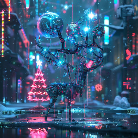 Christmas reindeer in the night city. 3D illustrations.の素材