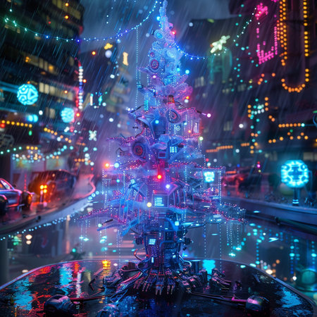 Christmas tree with lights in the city at night. 3d renderingの素材