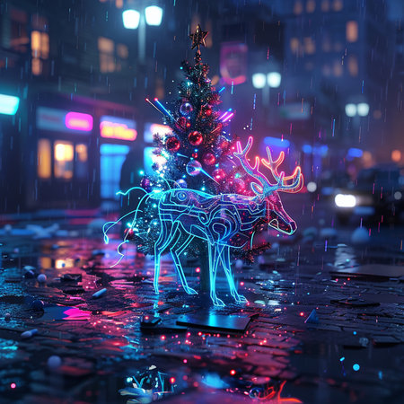 3d rendering christmas tree with deers and snowflakesの素材