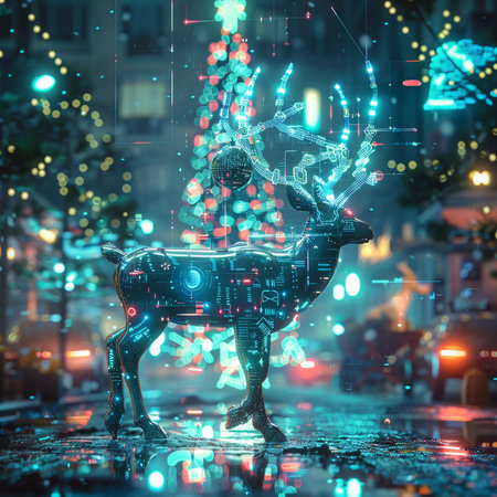 Neon deer on city street with christmas lights. 3D renderingの素材