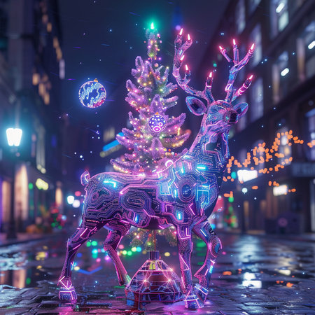 Christmas tree and reindeer in the city at night. 3D renderingの素材