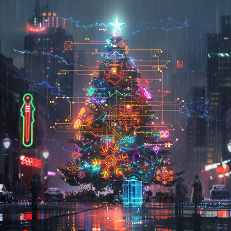 Christmas tree with glowing lights on the background of the night city.の素材