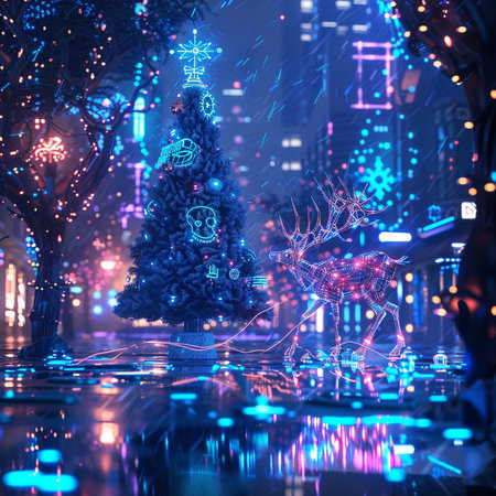 Christmas tree and deer in the city at night. 3D renderingの素材