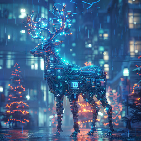 3d rendering of a reindeer in the city at nightの素材