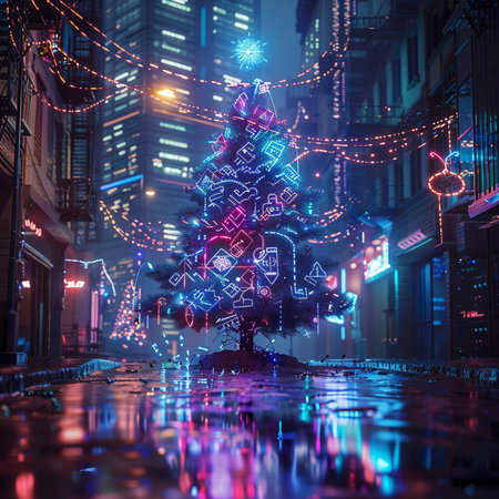 christmas tree in the city at night, 3d rendering.の素材