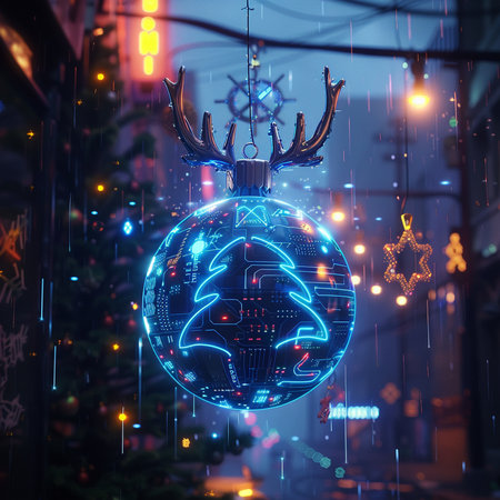 Illustration of a Christmas ball with a deer on the background of the night city.の素材