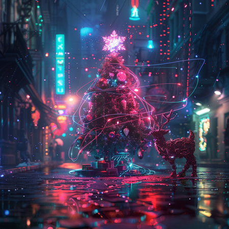 Christmas tree and reindeer in the night city. 3d renderingの素材