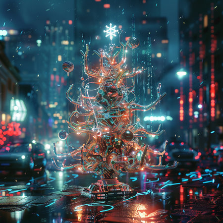 christmas tree in the city at night, 3d illustration.の素材