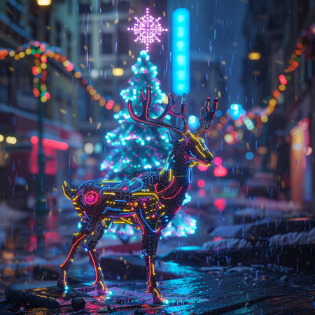 Christmas and New Year holidays background with bokeh lights. Christmas tree and reindeerの素材
