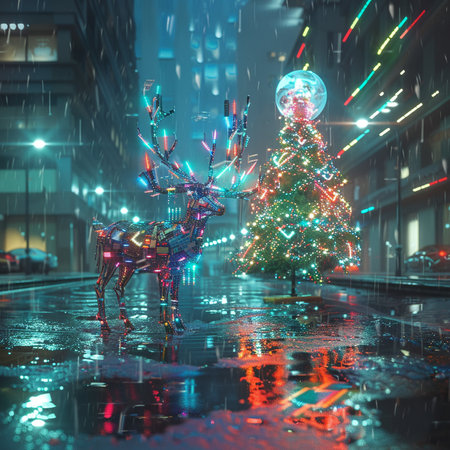 Christmas tree and reindeer in the rain. 3d renderingの素材