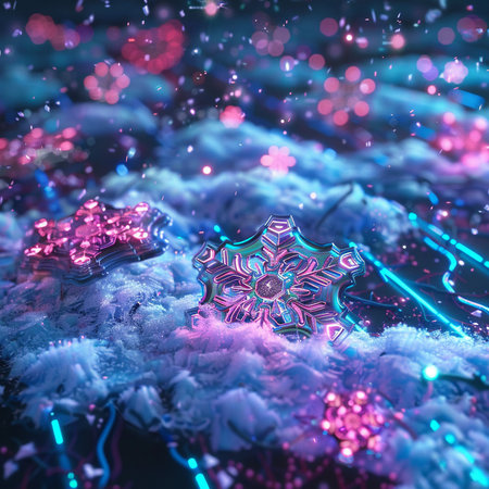 Snowflake on the snow with colorful bokeh. 3d illustrationの素材