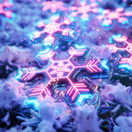 3d rendering of snowflakes in neon light. Christmas backgroundの素材