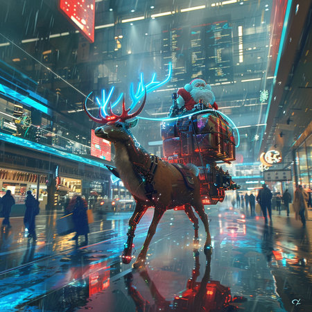 Merry Christmas and Happy New Year! Santa Claus with reindeer in the city.の素材
