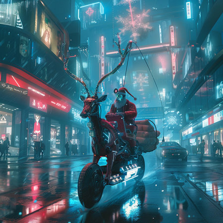 Santa Claus riding a motorcycle in the city at night. Christmas and New Year concept.の素材