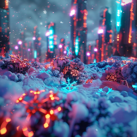 3D illustration of a winter landscape with a snow-covered cityの素材