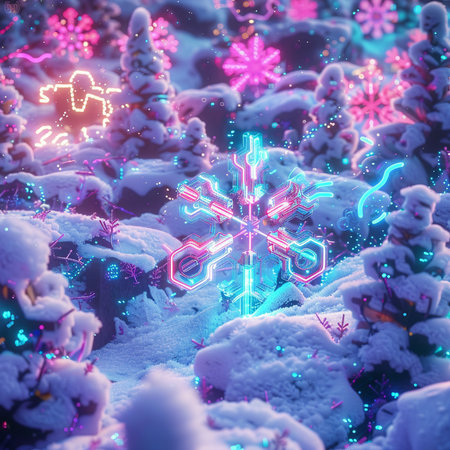 Neon snowflake in winter forest. Christmas and New Year background.の素材