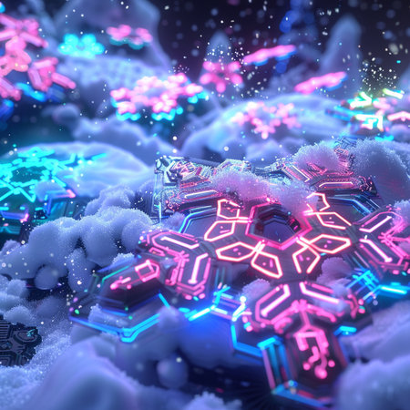 3d illustration of abstract background with neon lights and snowflakesの素材