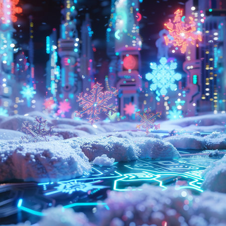 Snowy city with snowflakes at night. 3D renderingの素材