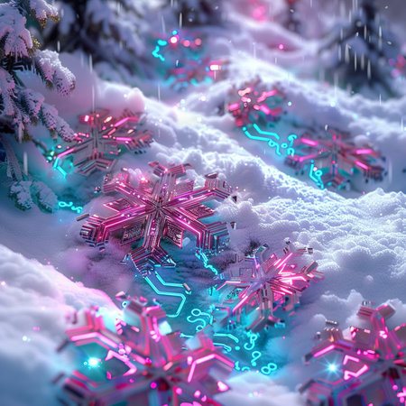 Frozen winter forest with snow covered trees and colorful lights. 3D renderingの素材