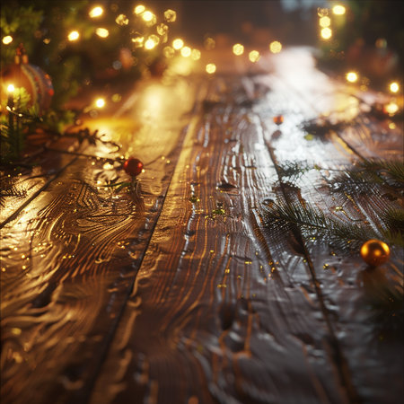 Wooden background with christmas decorations and bokeh lights.の素材