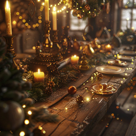 Christmas table with candles, Christmas tree and decorations. Selective focus.の素材
