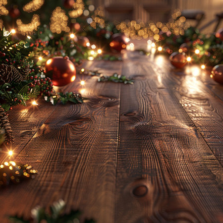Wooden floor with christmas decorations and lights. Christmas background.の素材