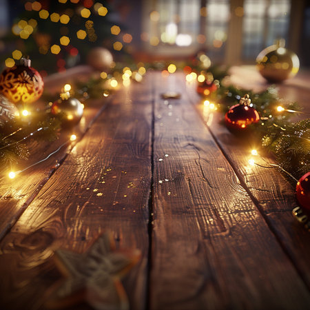Christmas and New Year holidays background. Festive decoration on wooden tableの素材