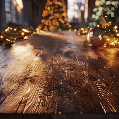 Wooden table in front of christmas tree with bokeh lightsの素材