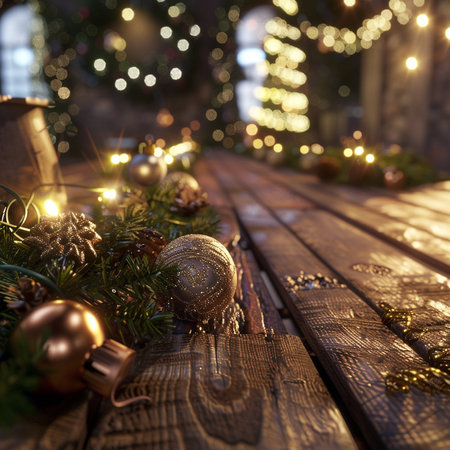 Christmas decoration on wooden planks with bokeh lights in backgroundの素材