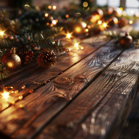 Christmas decoration on wooden table with bokeh lights, copy spaceの素材