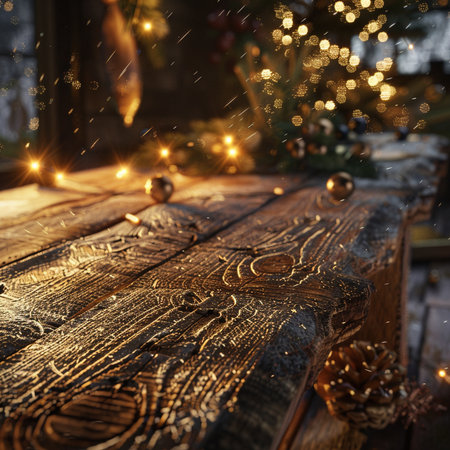 Wooden table with christmas decorations and lights on the background.の素材