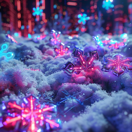 Christmas background with snowflakes and bokeh lights. 3d illustrationの素材