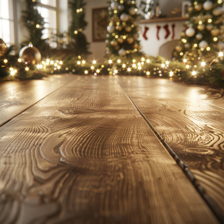 Wooden floor with christmas tree and garland on background.の素材