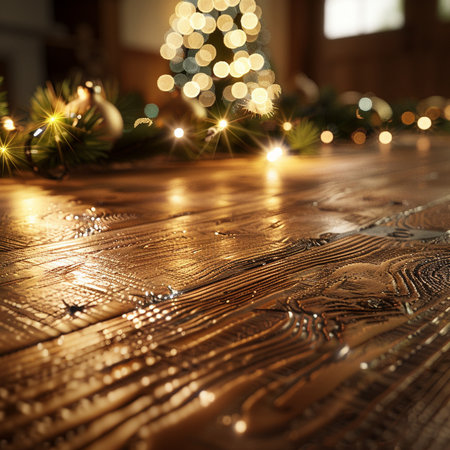 Christmas decoration on wooden floor with bokeh lights in background.の素材