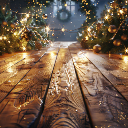Wooden planks with Christmas tree and golden bokeh lightsの素材