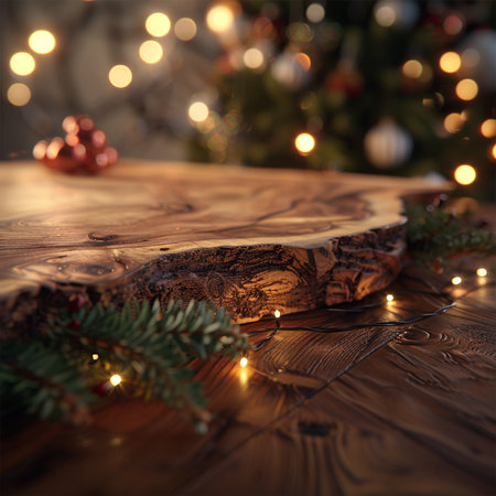 Wooden background with christmas tree and bokeh lights.の素材