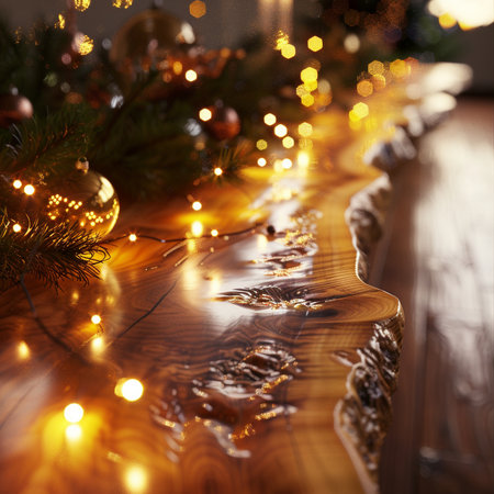 Wooden table with Christmas tree and bokeh lights on backgroundの素材