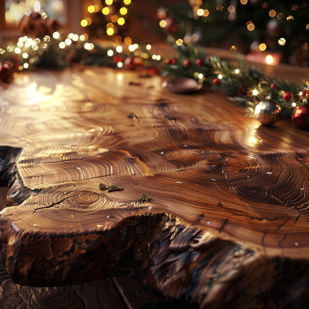 Wooden table with Christmas tree and bokeh lights in the backgroundの素材