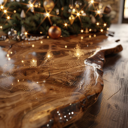 Wooden table with christmas tree and bokeh lights, closeupの素材